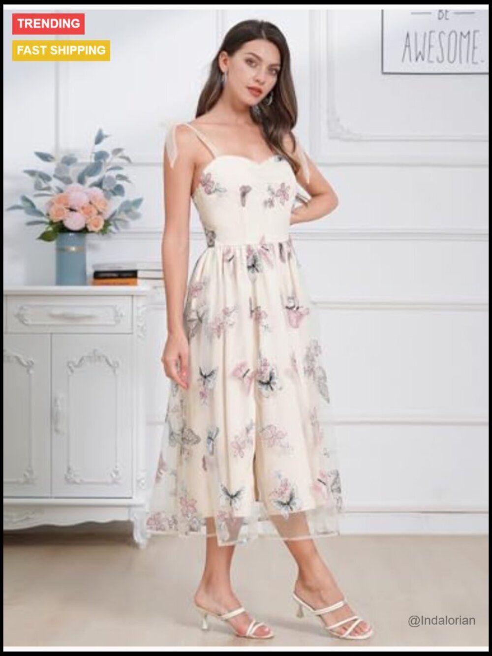Tie Strap Tulle Prom Dress with Butterfly Flower Embroidery - Picture 3 of 5